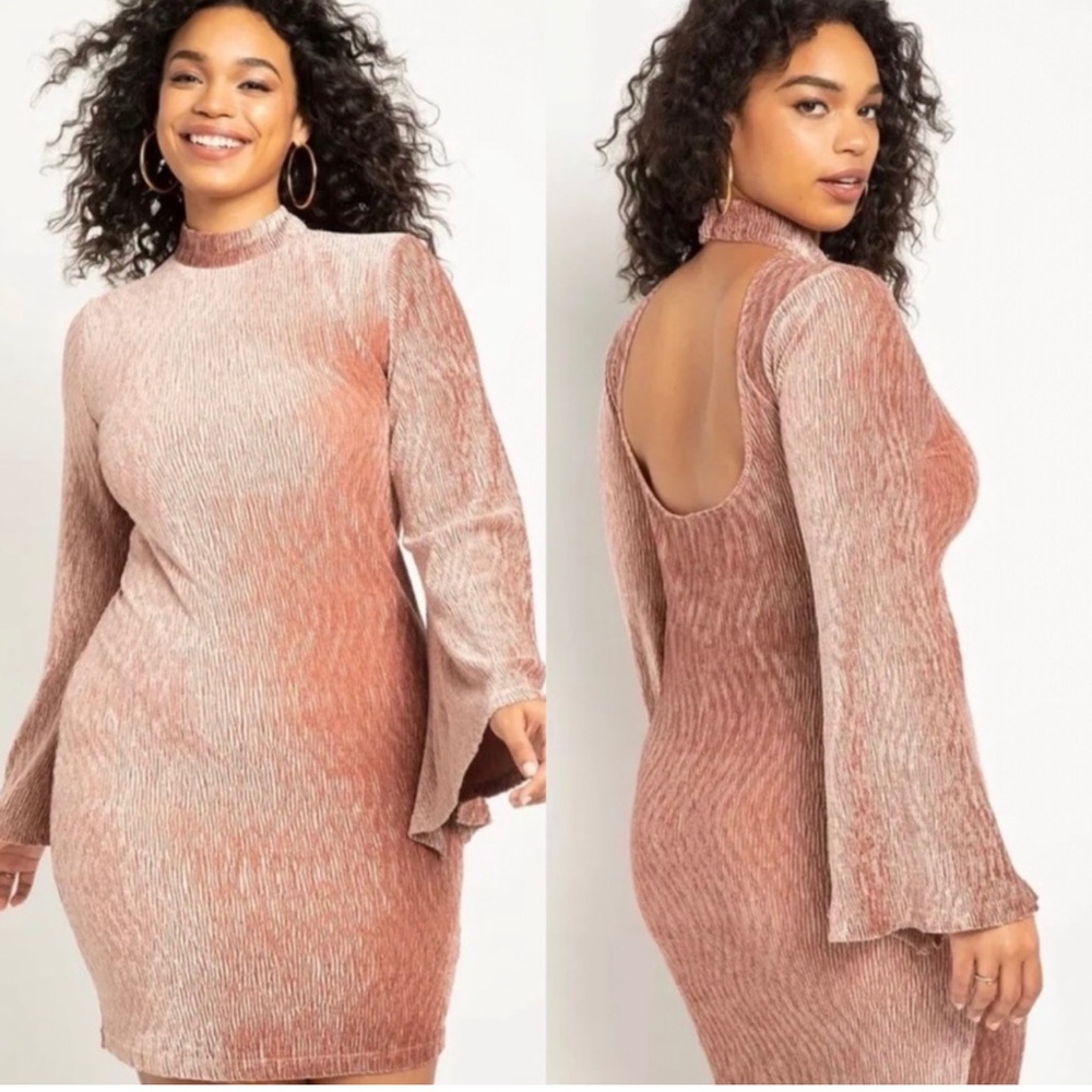 Eloquii Velvet Ribbed Dress Flare Sleeve Pink Size 22 Plus Size Stretchy